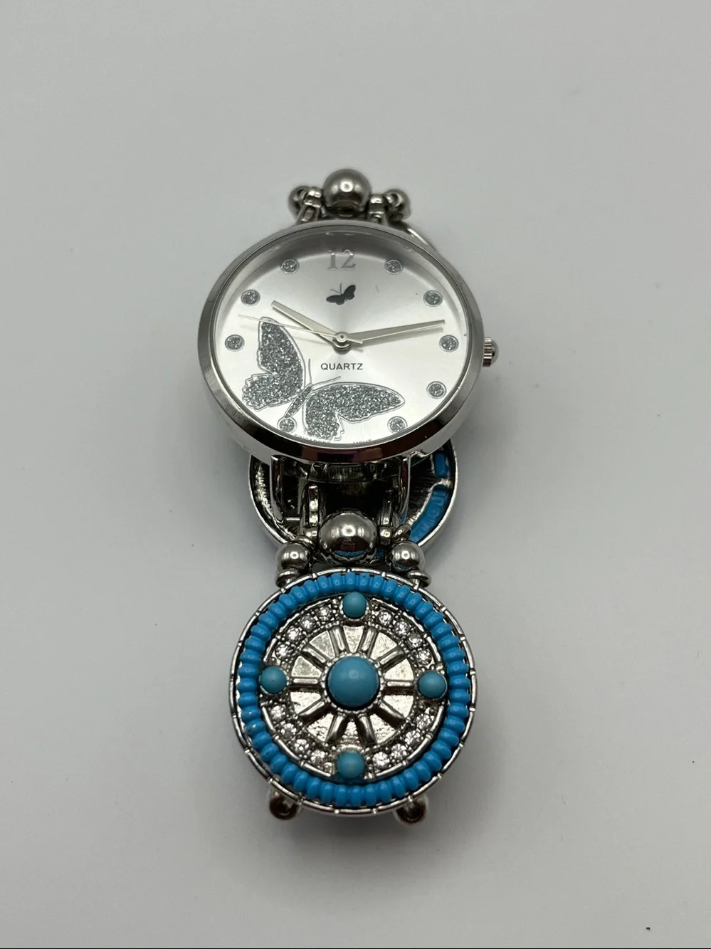 Silver Butterfly Quartz Watch with Turquoise Accents